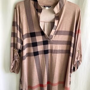 HEIMISH!  Pretty Plaid top, relaxed fit, button tab sleeve, asymm. hem, size XL